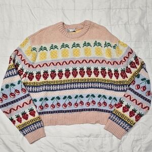 Zara Pink Fruit Pattern Knit Sweater